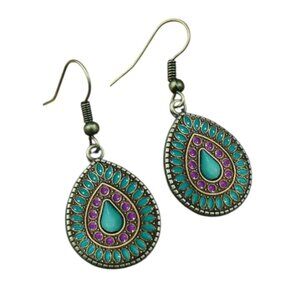 Multicolored Pear Bronze Earrings Dangle Bohemian Tribal Ethnic Y2K Green